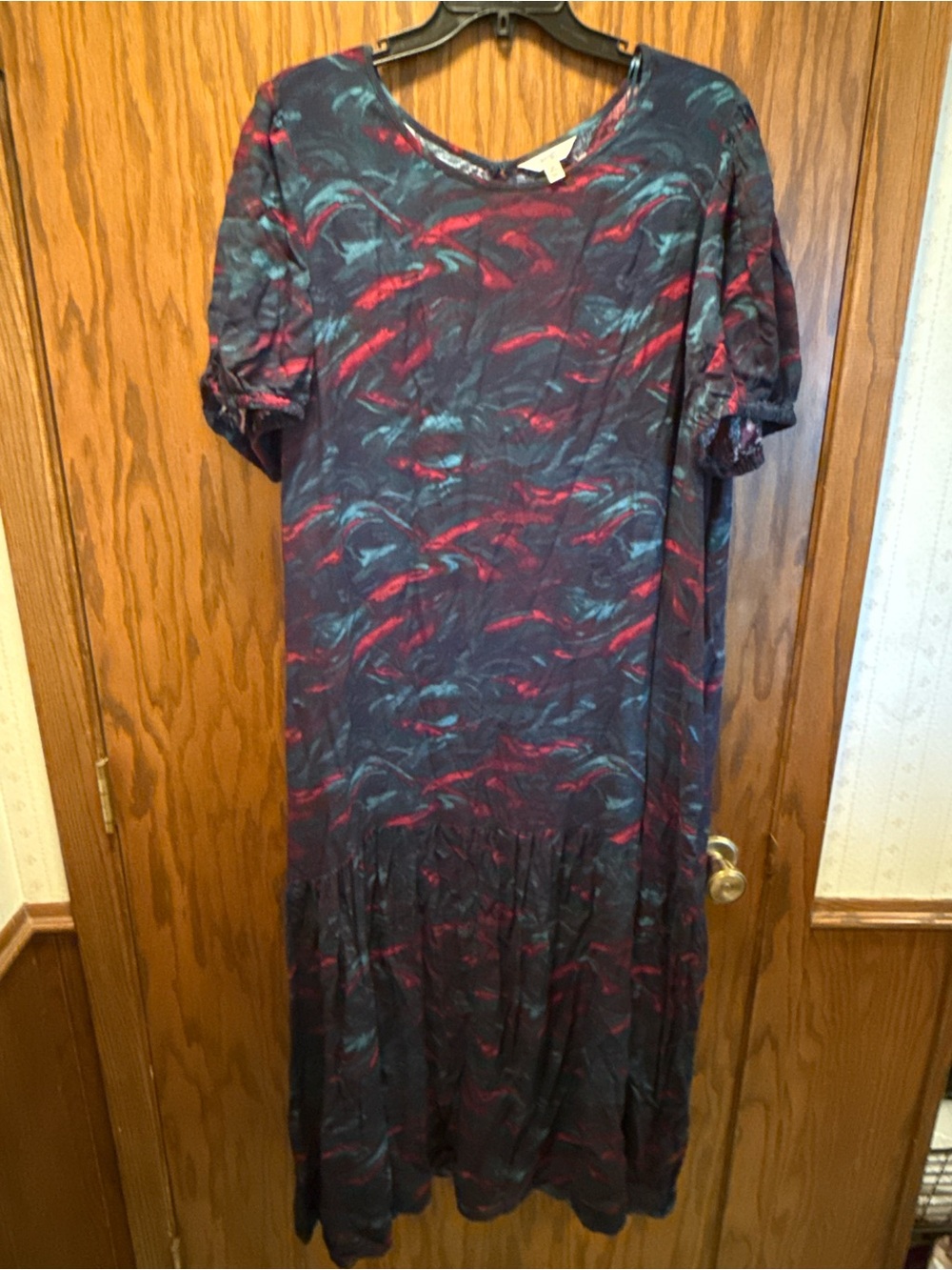 Terra & Sky Navy Maxi Dress with Red & Teal Swirl Print